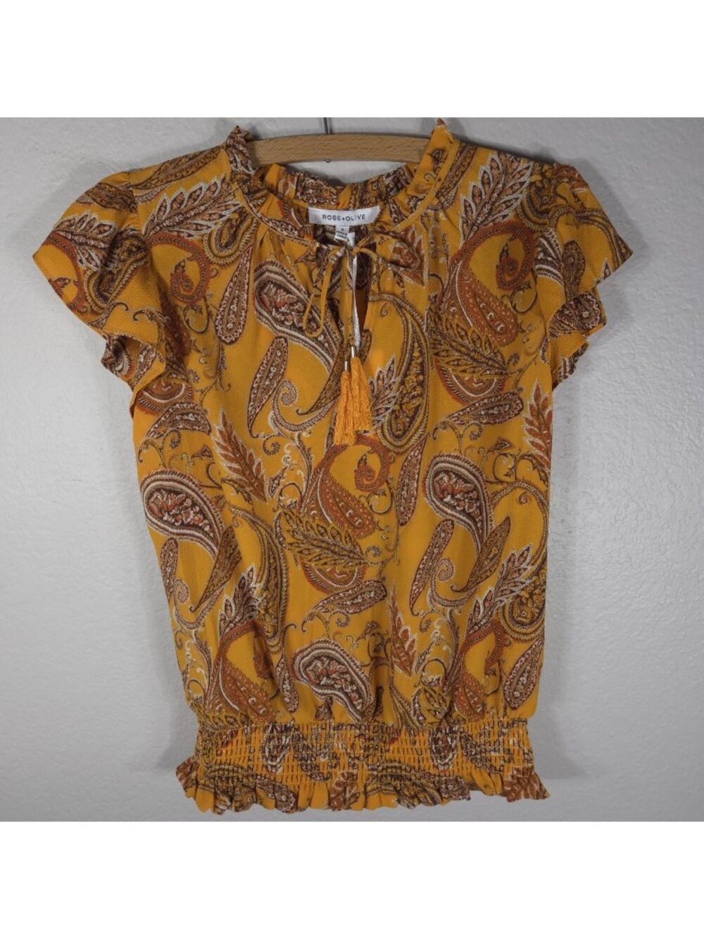 Rose + Olive Flutter Sleeve Smocked Waist Top Blouse S Paisley Boho Mustard